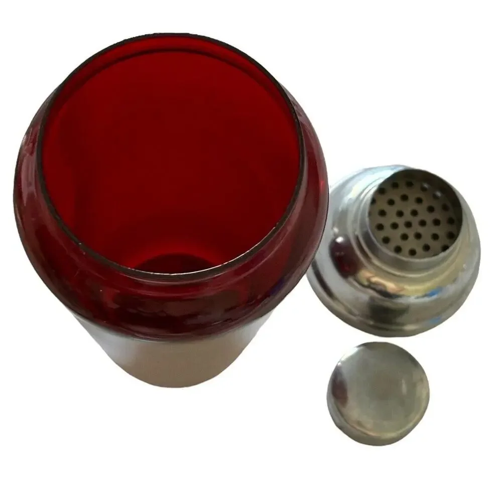 Vintage Ruby Red blown glass Mid Century Modern chrome topper martini shaker